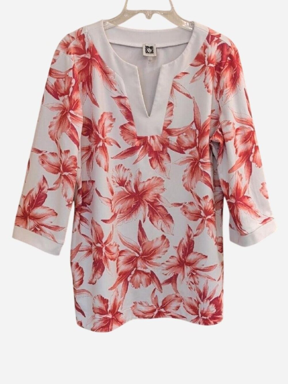Anne Klein Floral Split-Neck Women’s Top Size L – Coral Pink